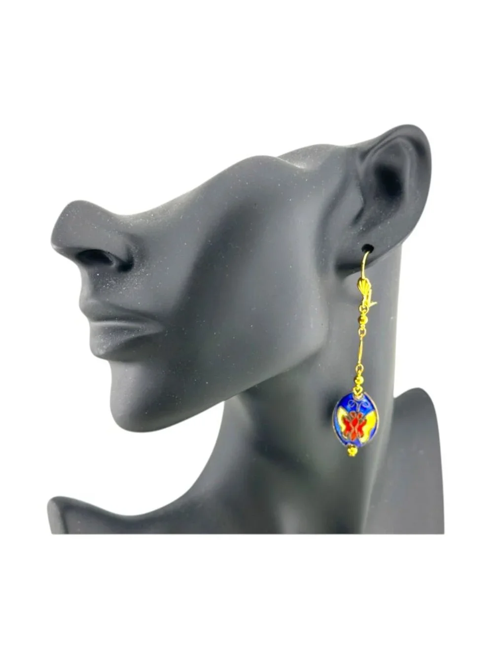 Blue Cloisonné Floral Butterfly Dangle Earrings Gold Leverback 2.75